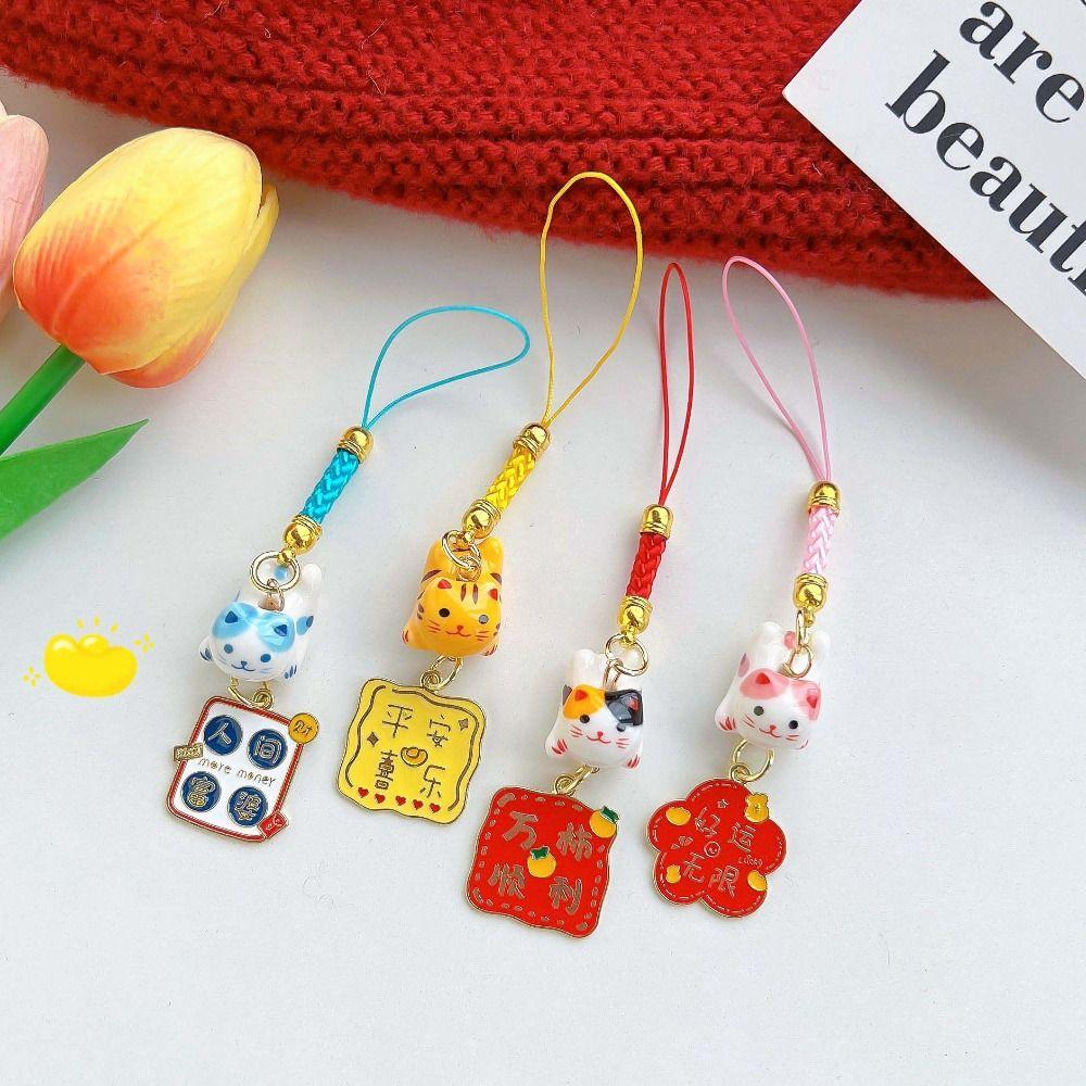 

Japanese Style Ceramic Cat Keychain Bag Pendant Sakura Car Keyring Maneki Neko Pendant Kids Toys