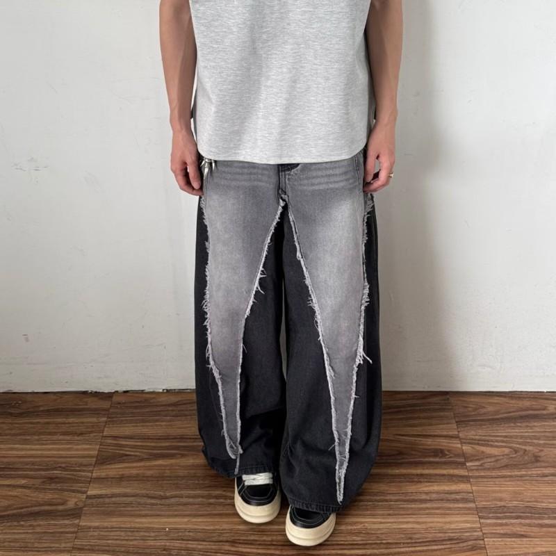 Mens Vintage Distressed Wide Leg Straight Cut Denim Jeans Black Grey Cotton Relaxed Fit Casual Pants