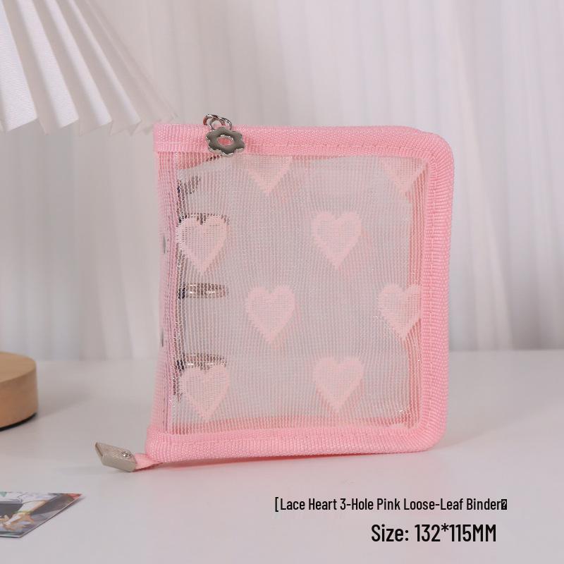 Lace Heart Cover A8 Mini 3-Hole Zipper Binder Bag Clear Shell