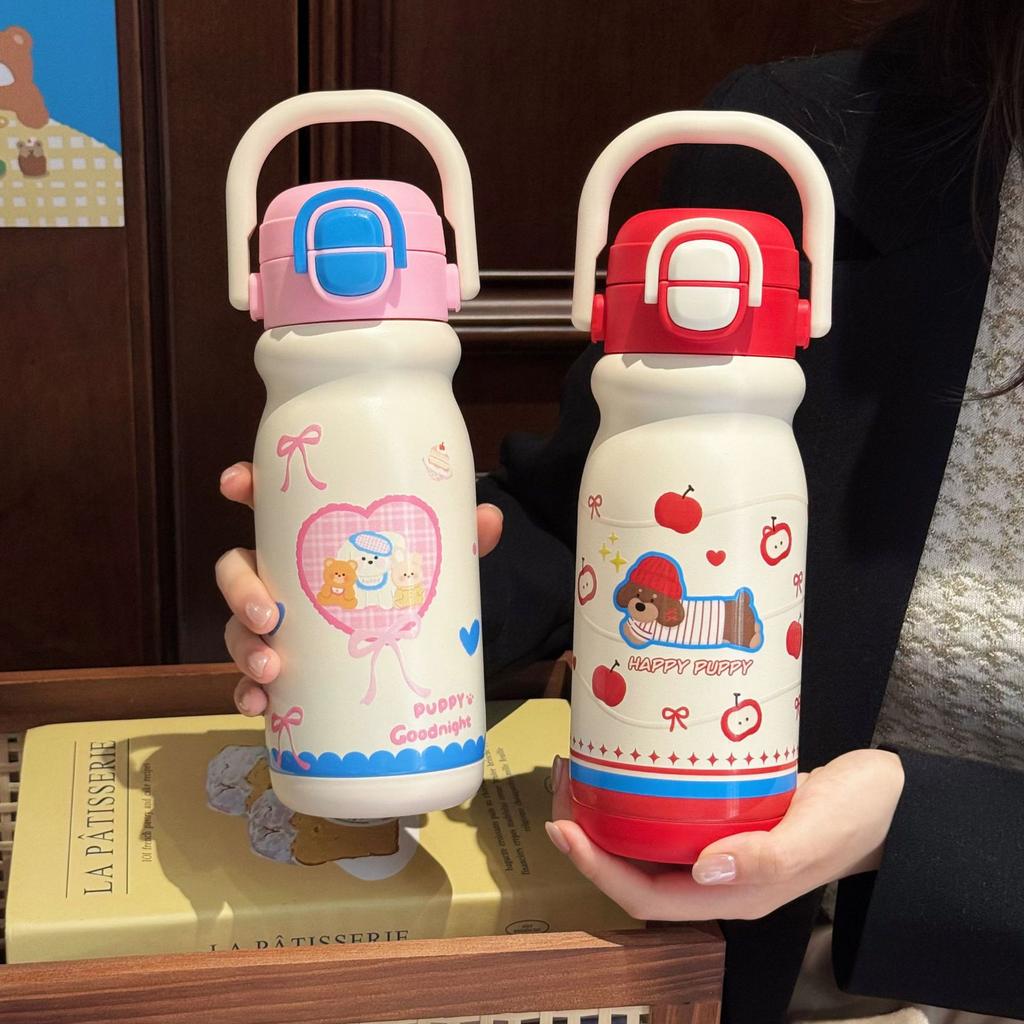 High-value Cartoon Children's Double Drink Bouncing Thermos Cup 316 Stainless Steel Straw Water Cup Handle Pot