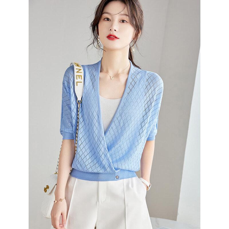 Cardigan Tricoté Évidé à Col en V pour Femme Srcr