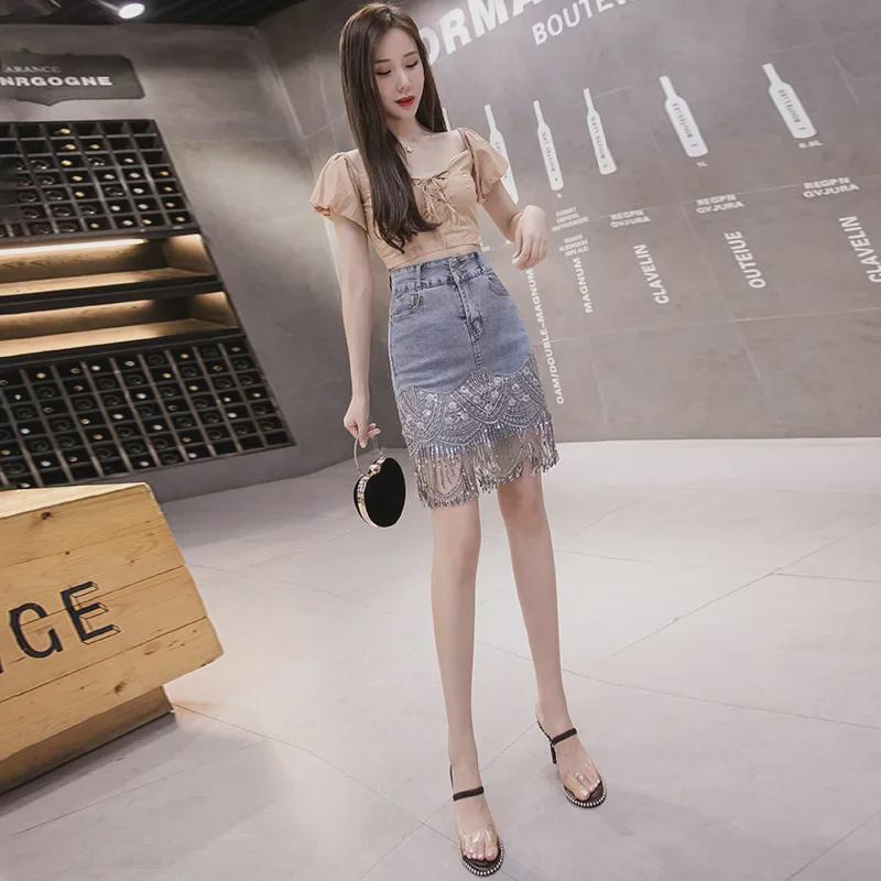 Frühling/Sommer 2025 Pailletten-Quasten High-Waist Jeansrock für Damen