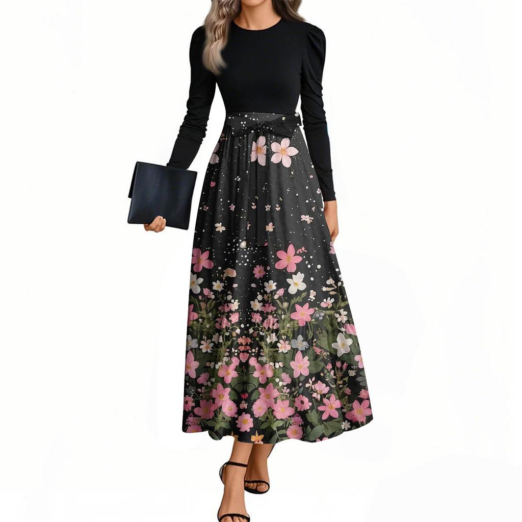 Damenmode Lässig Gürtel Langarm Rundhals Floral Bedruckt Elegant Temperament Kleider
