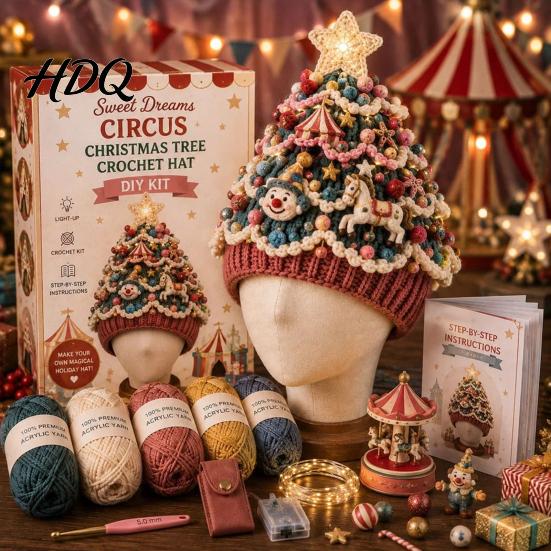 Parent Child Interaction Craft Christmas Tree Crochet Hat DIY Kit Beginner-Friendly Light-Up Kit Complete with Yarn Tools Guide for Holiday