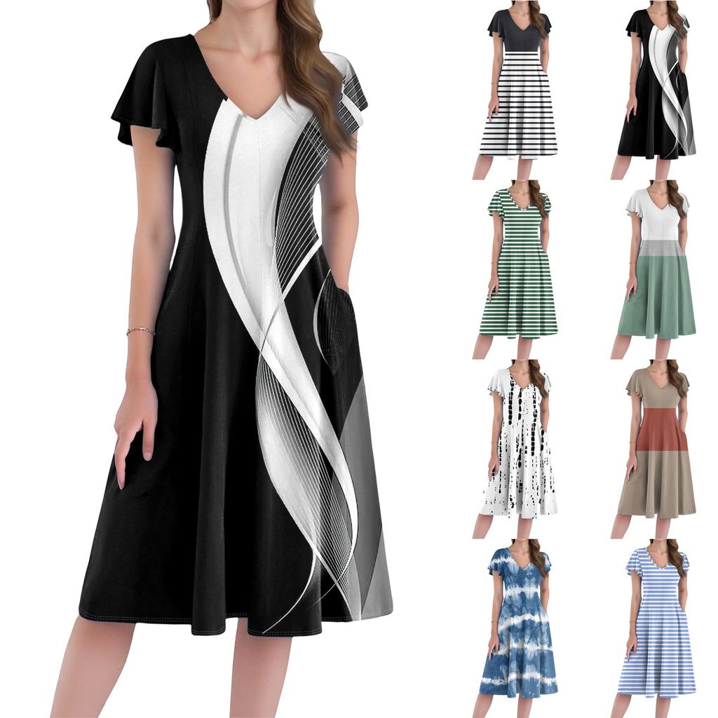 Women's Casual Fashion V-neck Short Sleeve Print Dress With Pockets