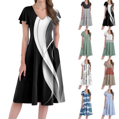 Women's Casual Fashion V-neck Short Sleeve Print Dress With Pockets