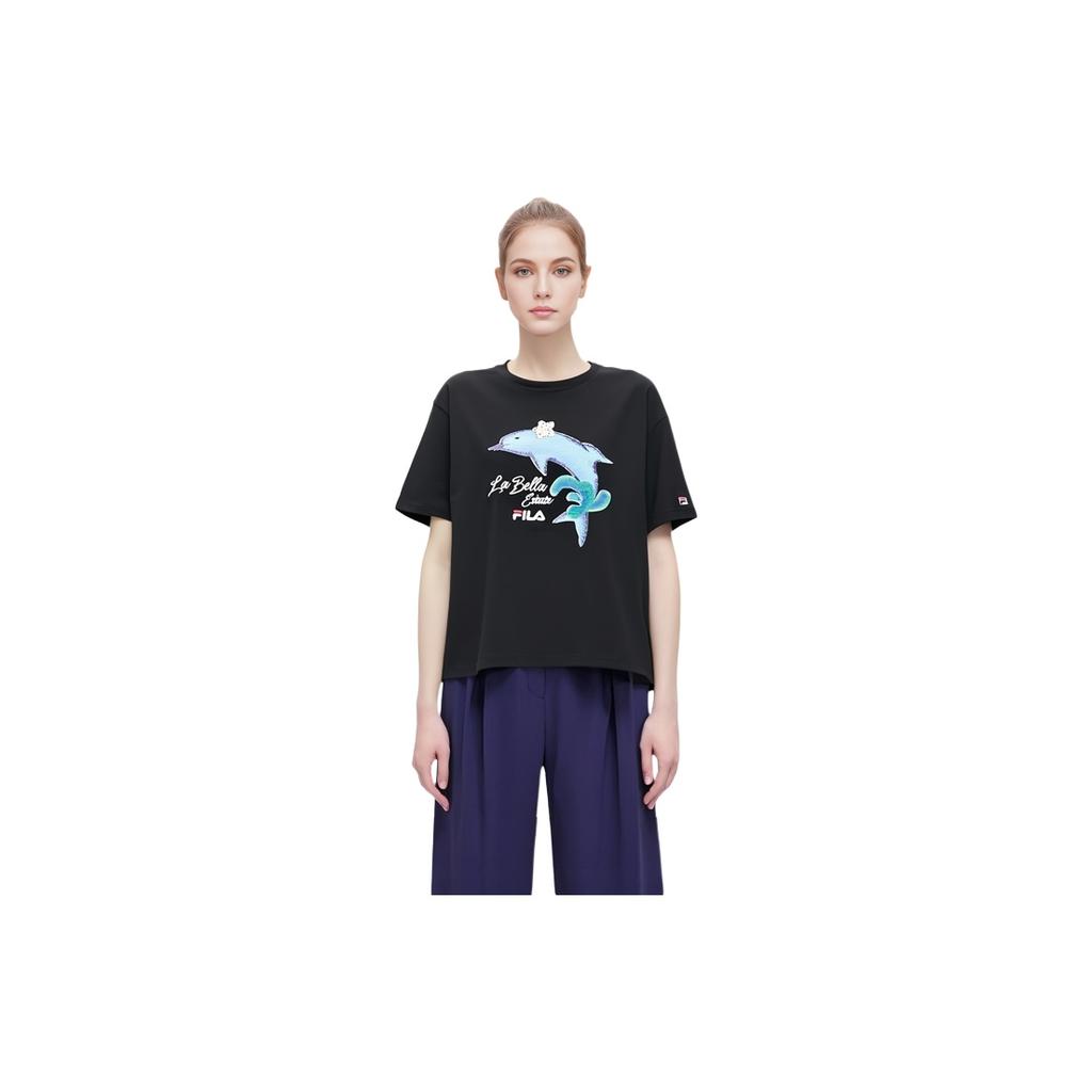 FILA Dolphin Print Casual Sport Short Sleeve T-Shirt Women Tops Black F51W128107F-BK