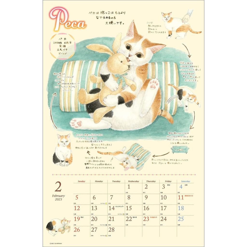Calendar Club Japan 2023 Cats of Nago Wall Calendar Monthly Schedule Planner Cute Cat Illustrations