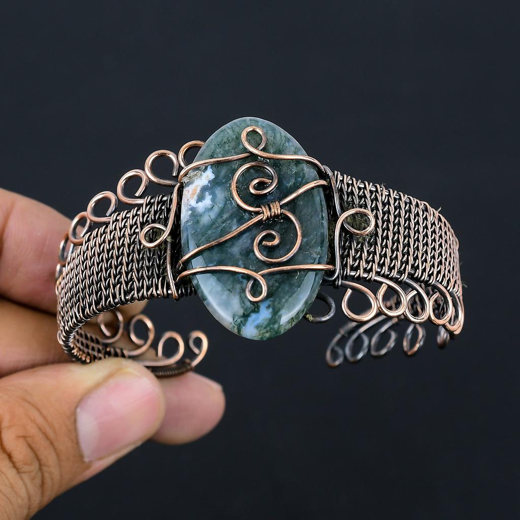 Grüner Aventurin Handgefertigt Kupferdraht Wickelarmreif Verstellbar t7B37