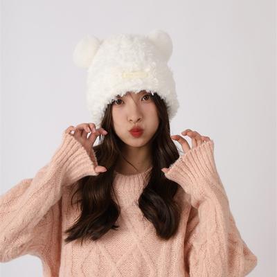 Herbst- und Winter Damen Niedliche Teddybär Plüsch Ohrenschutz Strickmütze Vielseitig und Warm Doppelbommel Wollmütze