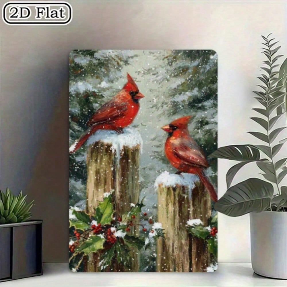 Vintage Metal Tin Sign, 12x8 Inch Cardinal Bird Winter Scene, Rustic Farmhouse Wall Decor for Christmas, Indoor Outdoor Holiday Gift