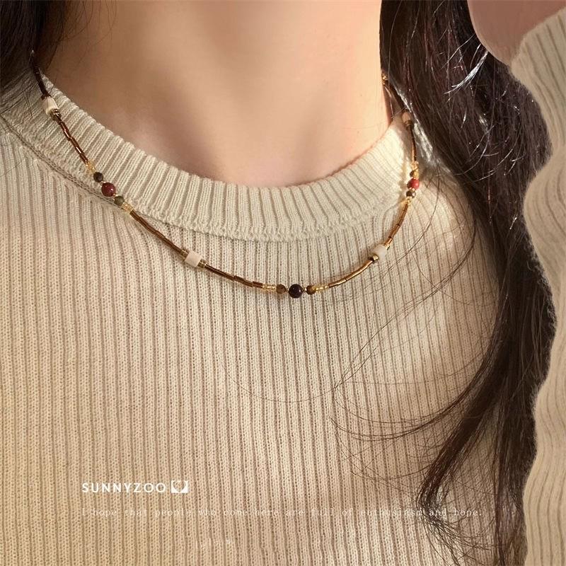 2025 Herbst/Winter Retro Mode Melaid Tigerauge Halskette für Damen - Hoodie-Kette im Hongkong-Stil.