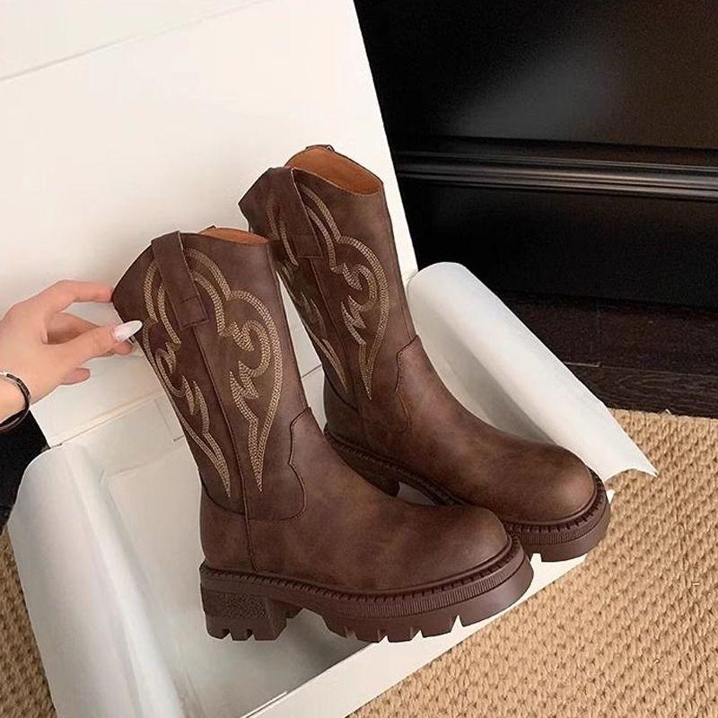 Fashion Brown Round Toe Mid Calf Shoes Woman Work Demi-season Fashion 2025 Boot Trend Gothic Cosplay New Hot Half High Boots for Women