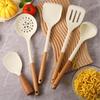 High-Temp Resistant Silicone Spatula Set: Non-Stick Pan Safe, Wooden Handle, Slotted Skimmer, Stand-Up Rice Spoon.