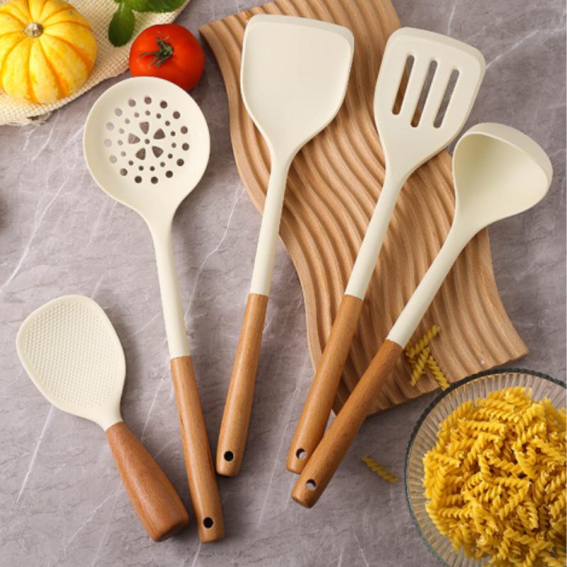 High-Temp Resistant Silicone Spatula Set: Non-Stick Pan Safe, Wooden Handle, Slotted Skimmer, Stand-Up Rice Spoon.
