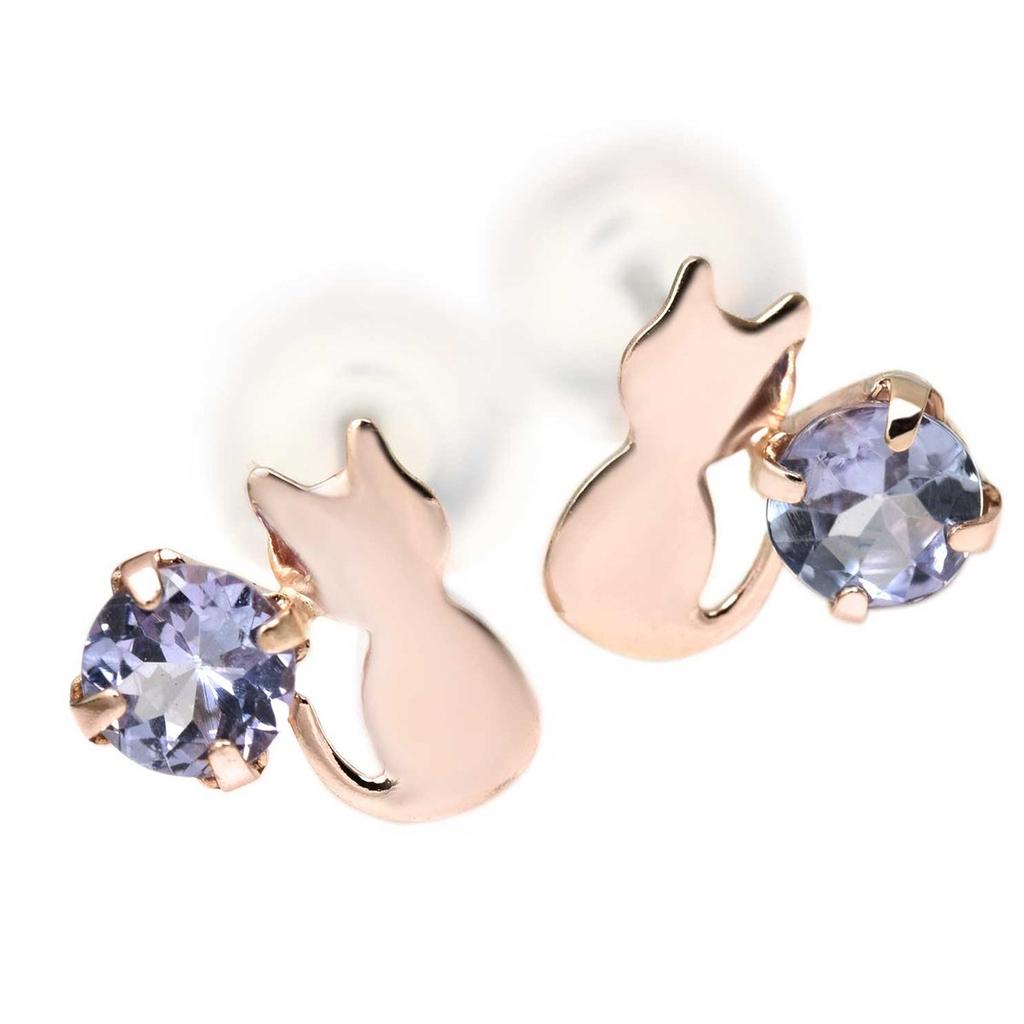 10K Pink Gold Cat Silhouette Stud Earrings for Both December Birthstone Tanzanite Ears,