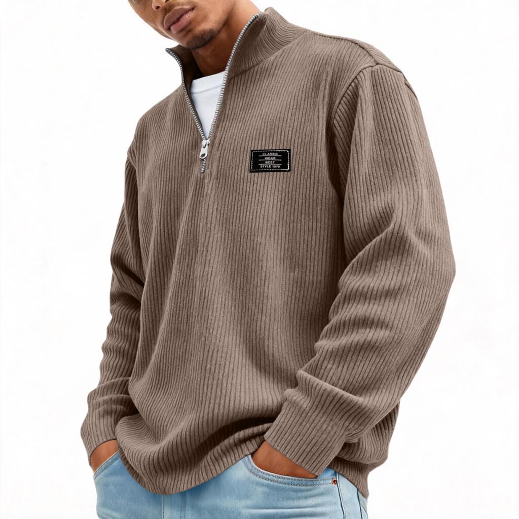 Men's Retro Corduroy Long Sleeve Shirt with Zip-Up Stand Collar Casual Top