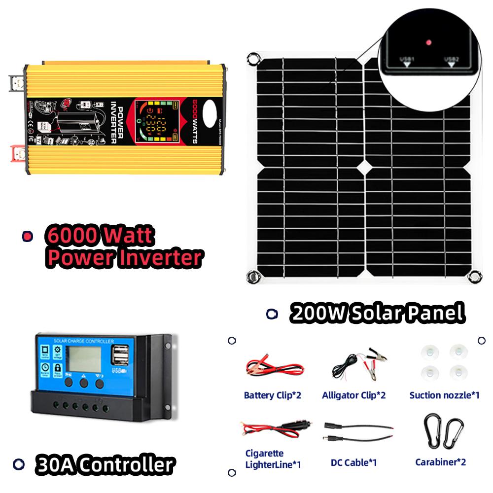 

Солнечная система Комбинация 6000 Вт Инвертор 30 А Контроллер 200 Вт Солнечная панель 12 В до 220 В/110 В Умная зарядка и разрядка Кемпинг 220V оранжевый