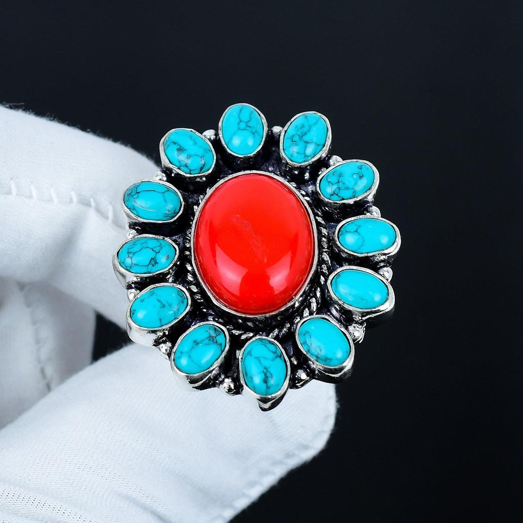 Turkis, Rød Korall Edelstensring, 925 Sterlingsølvring, Gave til henne, Oval Stein, Elegant Håndlaget Ring, Turkis Blomst Sølvring Gave
