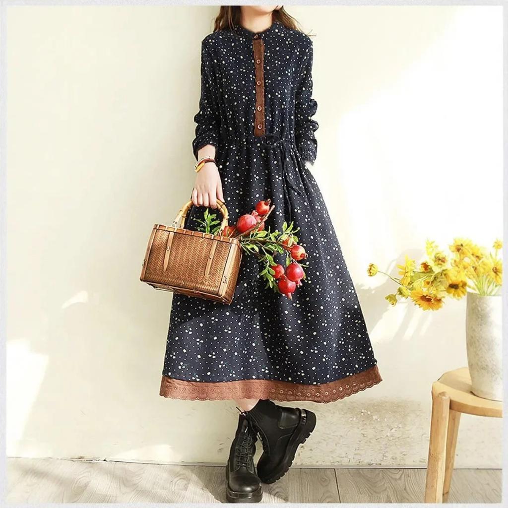 LYRIA Abito Lungo Floreale Primavera Autunno con Bordi in Pizzo Vestibilità Larga Stile Foresta Vintage Abito Casual da Donna Manica Lunga Girocollo