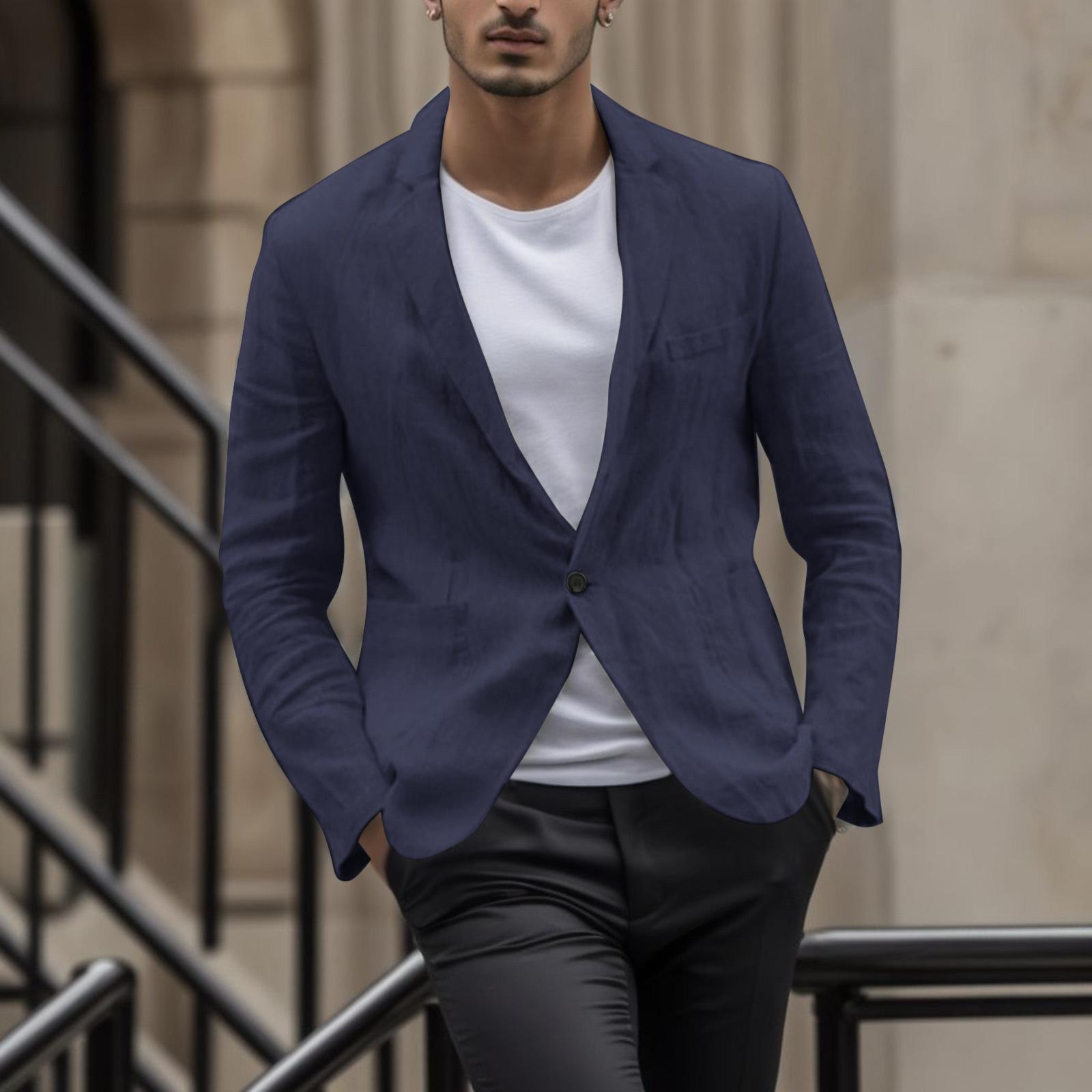 

Мужской льняной хлопковый повседневный пиджак с длинным рукавом свободного кроя весна-осень XL темно-синий