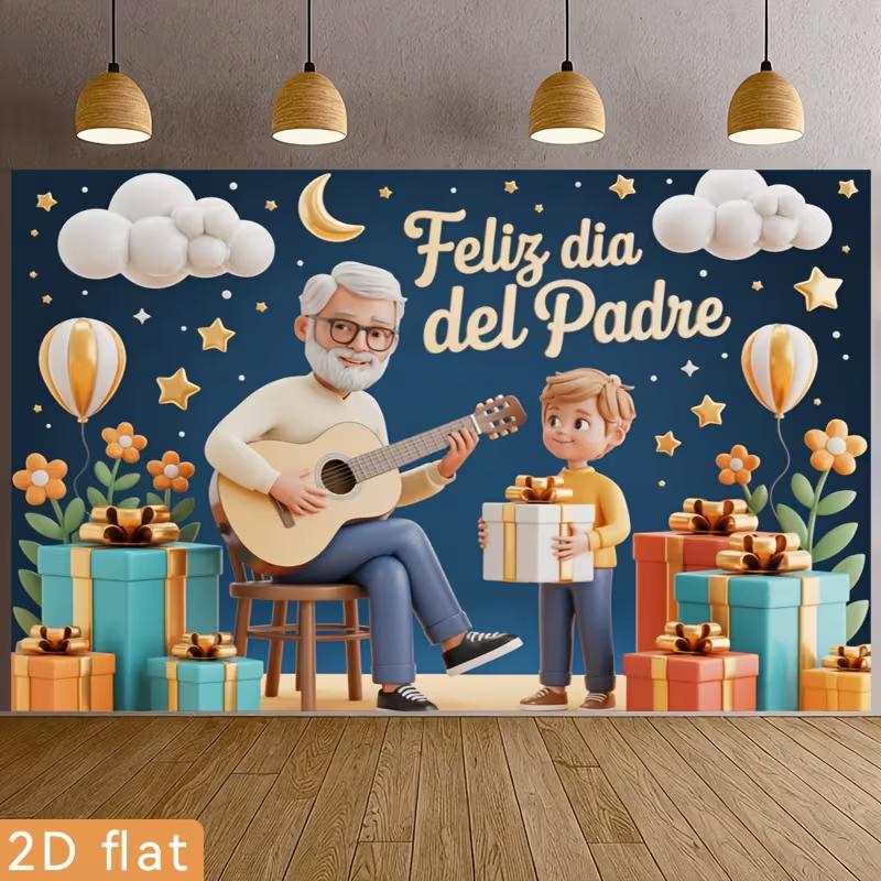 2D Feliz Dia Del Padre Backdrop, Spanish Father's Day Guitar Party Photo Background Banner