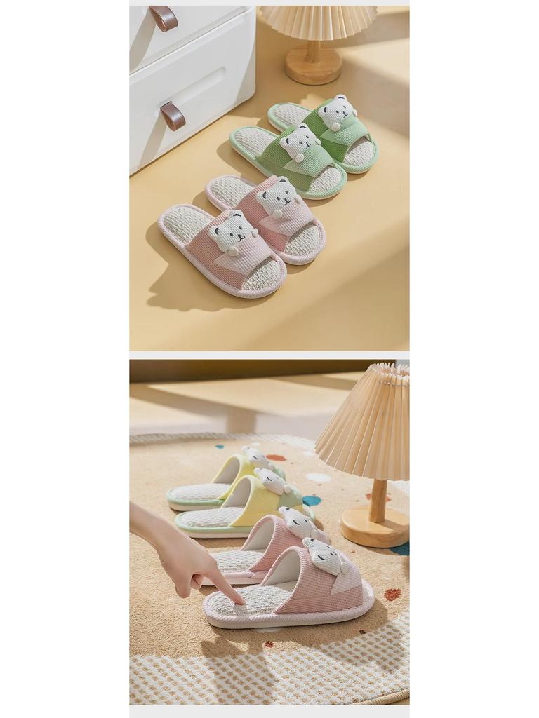 Women's Cartoon Bear Open-Toe Linen Slippers - Cozy Indoor Footwear for All Seasons
