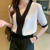V-neck Women's Autumn Short-sleeved Design Black White Contrasting Temperament OL Professional Shirt Chiffon Chic Top