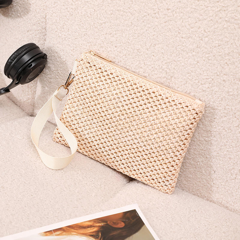 Fashion Straw Woven Bag For Women Hollow Out Beach Handbag With Wrist Strap Portable Phone Purse Solid Color Simple Cash Bag Summer Accessory