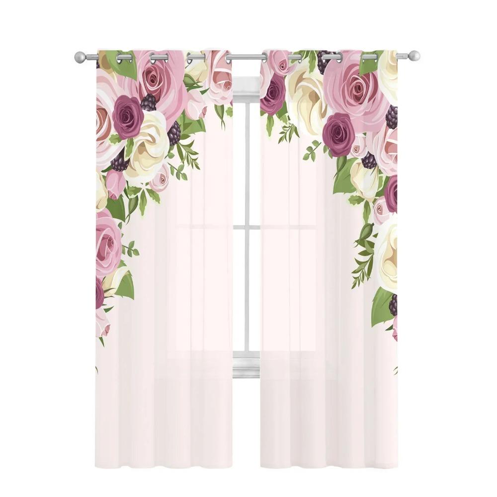 Pink Rose Flower Tulle Sheer Curtains for Living Room Decoration Window Curtain for Bedroom Kitchen Voile Organza Drapes