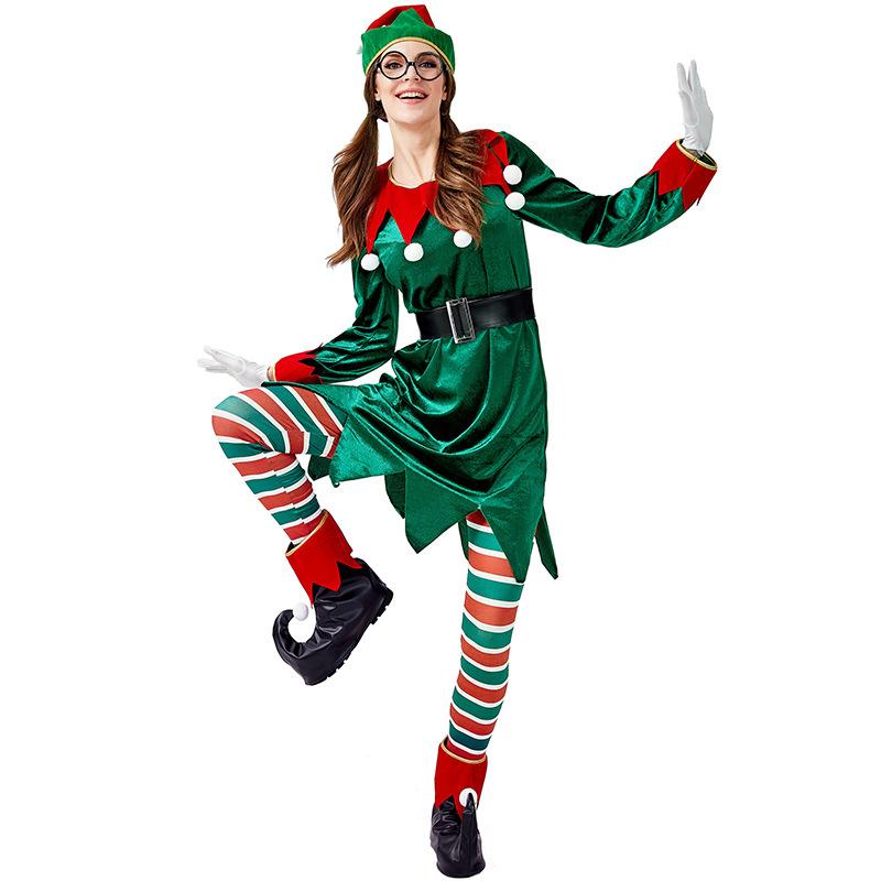 Adult Women Christmas Xmas Green Elf Top Stripe Pants Belt Hat Gloves Set Halloween Role Play Dress Up Cosplay Costume