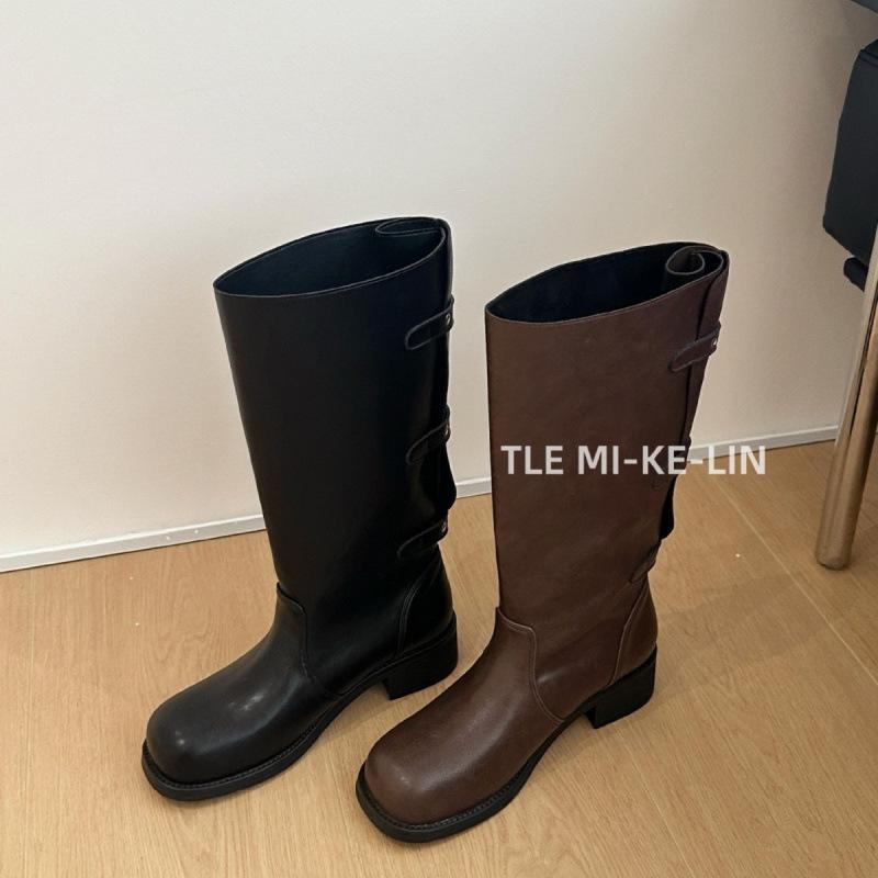 Korean Niche Flip Two Wear Pile Boots Women's Rear Belt Buckle Locomotive Martin Boots But Knee High Western Boots