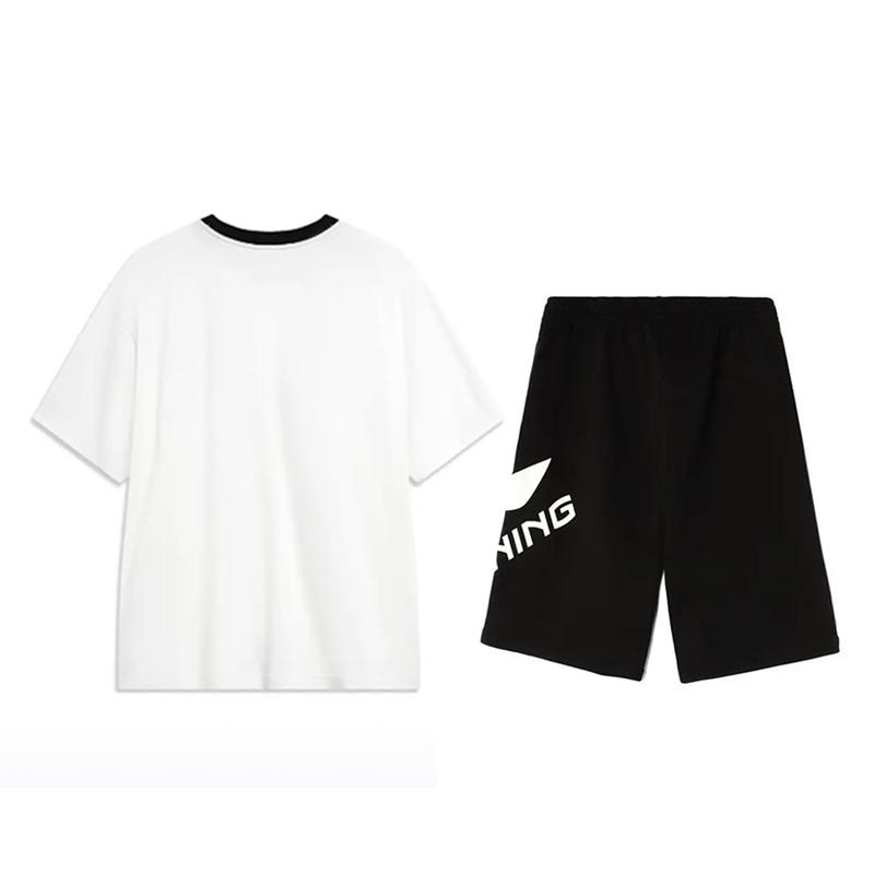 Li Ning Amerikaanse gestreepte pullover ronde hals korte mouw effen kleur korte broek casual sportpak unisex pak YHSV367-1+AKSU911-1