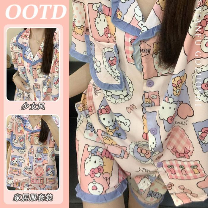 

[High-quality imitation cotton] Korean cute cartoon Hello Kitty pajamas women s summer new sweet short-sleeved shorts home M