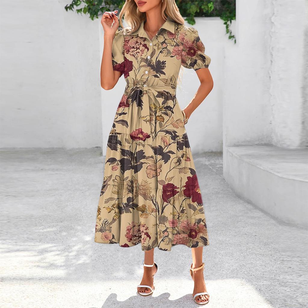 Womens Summer Dresses Short Sleeve Button Tie Waist Boho Flowy Maxi Dress