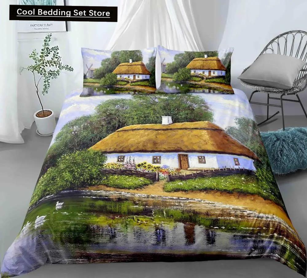 Comforter Oil Painting Landscape King Queen Natural Scenery Bedding Set Teen Adult Floral Ocean Building Polyester