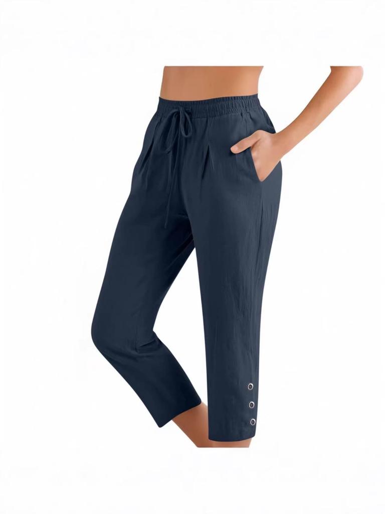 2025 Cotton Linen Loose Fit Button Cropped Pants