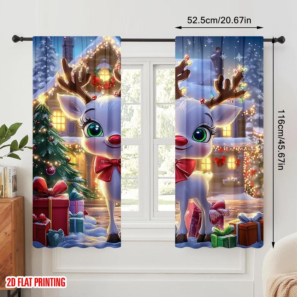 2pcs,2D plane printing Curtains Cute Reindeer Christmas Scene Gift (3) Versatile Durable Polyester (without rod) All Seasons