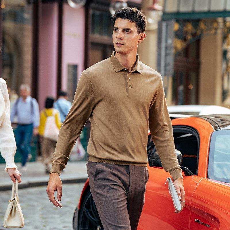 Wang Qiu Men's Polo Collar Wool Sweater - Plain, Warm, Machine Washable, Long Sleeve (X5878) for Autumn and Winter