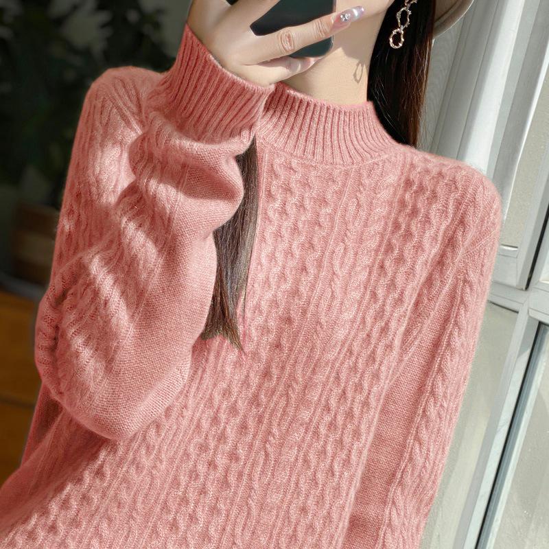 Thick Cable Knit Half-High Neck Wool Pullover Sweater