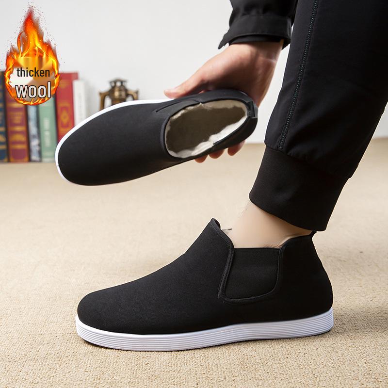 Men's Black High-Top Cloth Shoes - Rubber Sole, Cotton, Dustproof, Wear-Resistant, Breathable, Slip-On