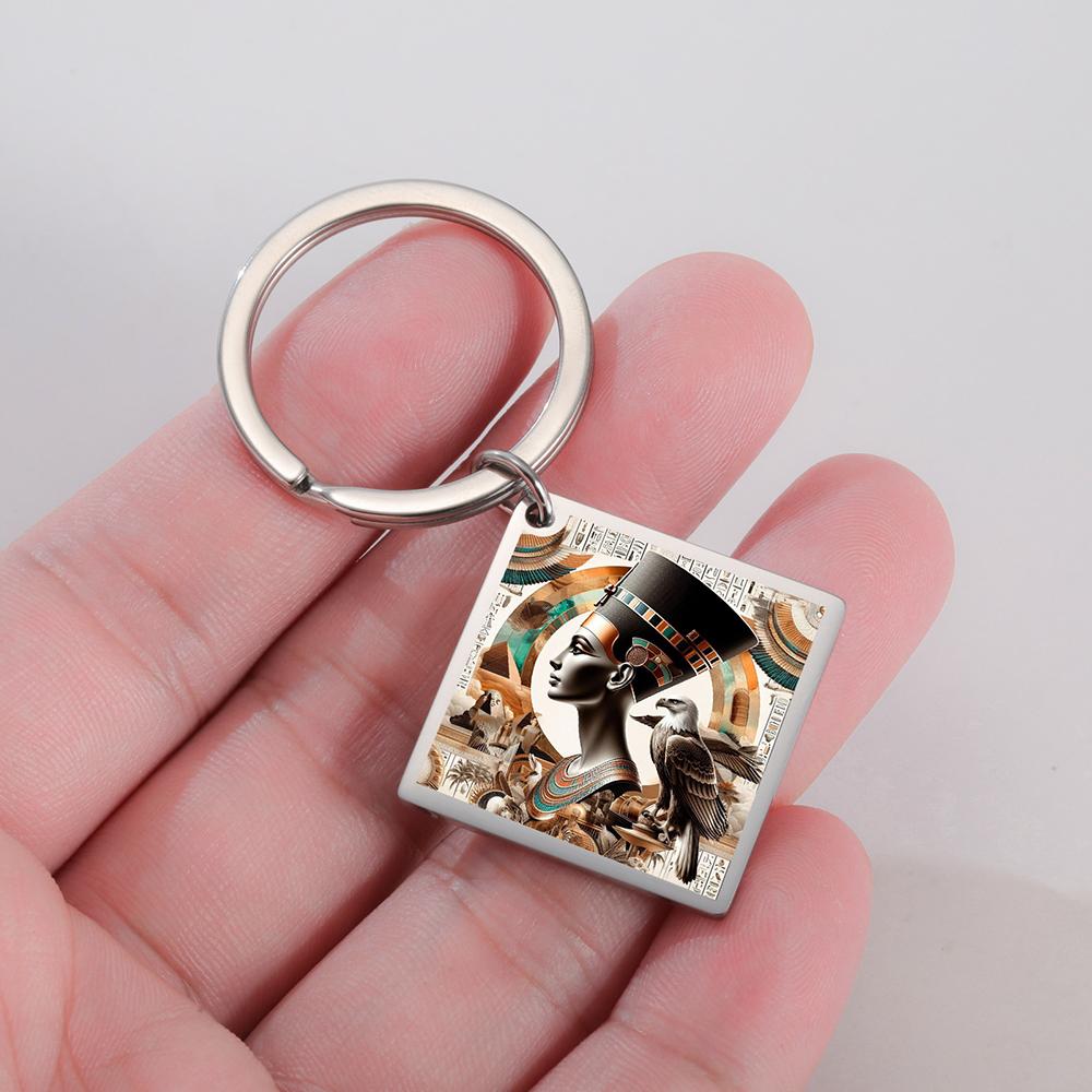 Dawapara Ancient Egyptian Goddess Keychain Queen Nefertiti Anumis Pyramid Multicolor Printing Stainless Steel Keyring