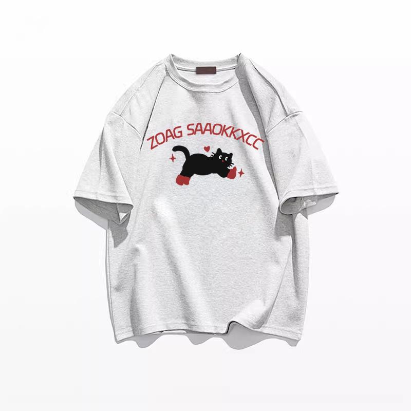 Women's Plus Size Retro Cartoon Kitten Cotton T-Shirt, Summer 2025 Collection, Short Sleeve, Off-Shoulder, Loose Fit.