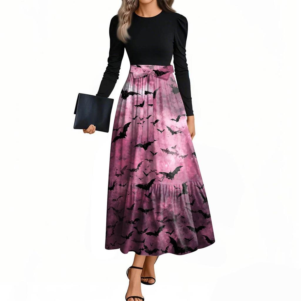 Women's Fashion Casual Belted Long Sleeve Round Neck Halloween Printed Elegant Temperament Dresses