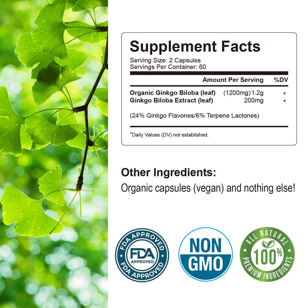 Organic Ginkgo Biloba 1400mg - Brain Function, Memory & Concentration, Non-GMO