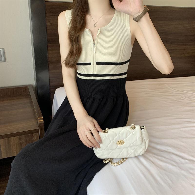 

Полосатый жилет без рукавов трикотажное платье новый летний женский дизайн Sense утягивающая талия Art High-end Feeling юбка ONESIZE абрикосовый