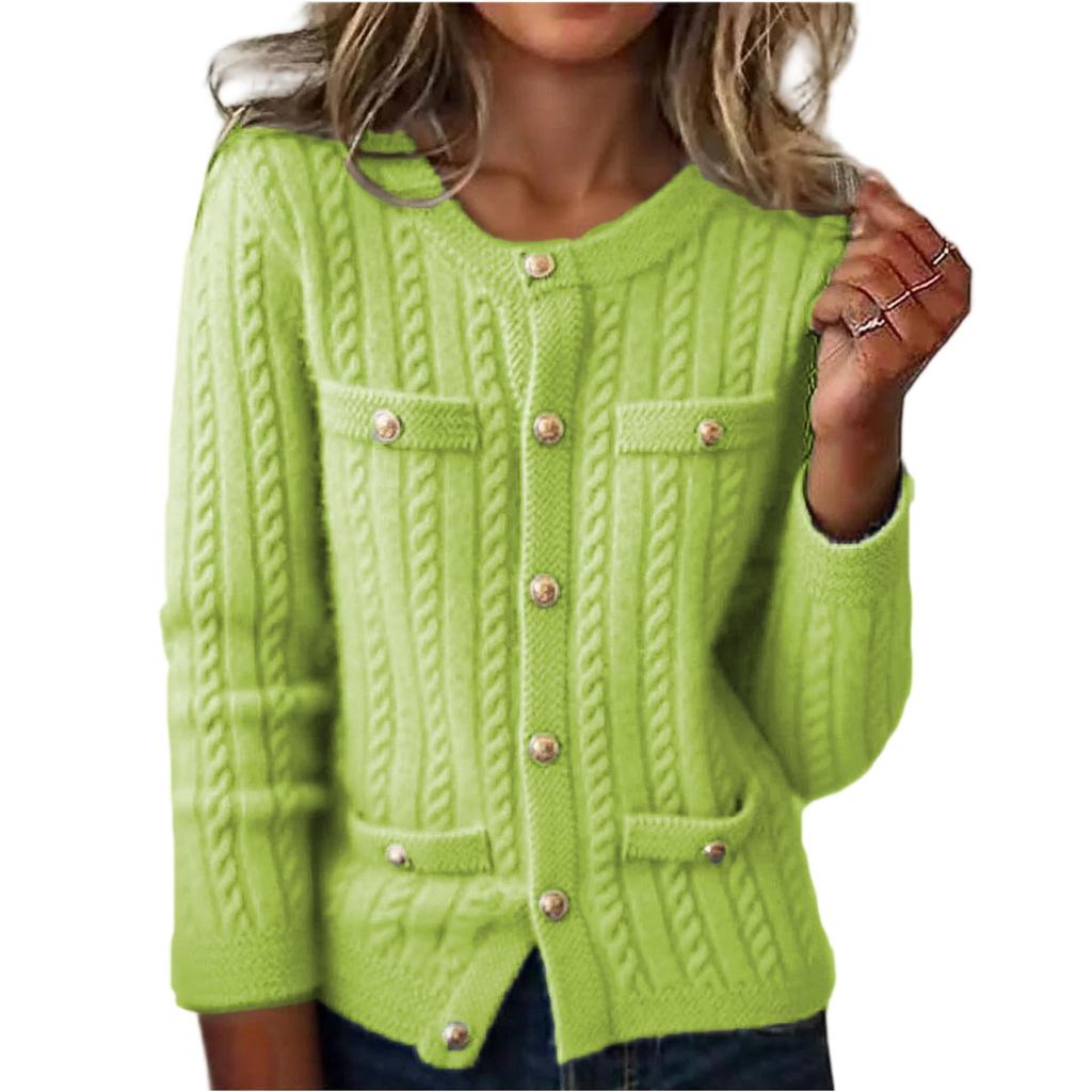 Women's Fashion Casual Single-Breasted Multi-Button Thickened Flower Loose Cardigan Round Neck Long Sleeve Knitted Cardigan Sweater Jacket