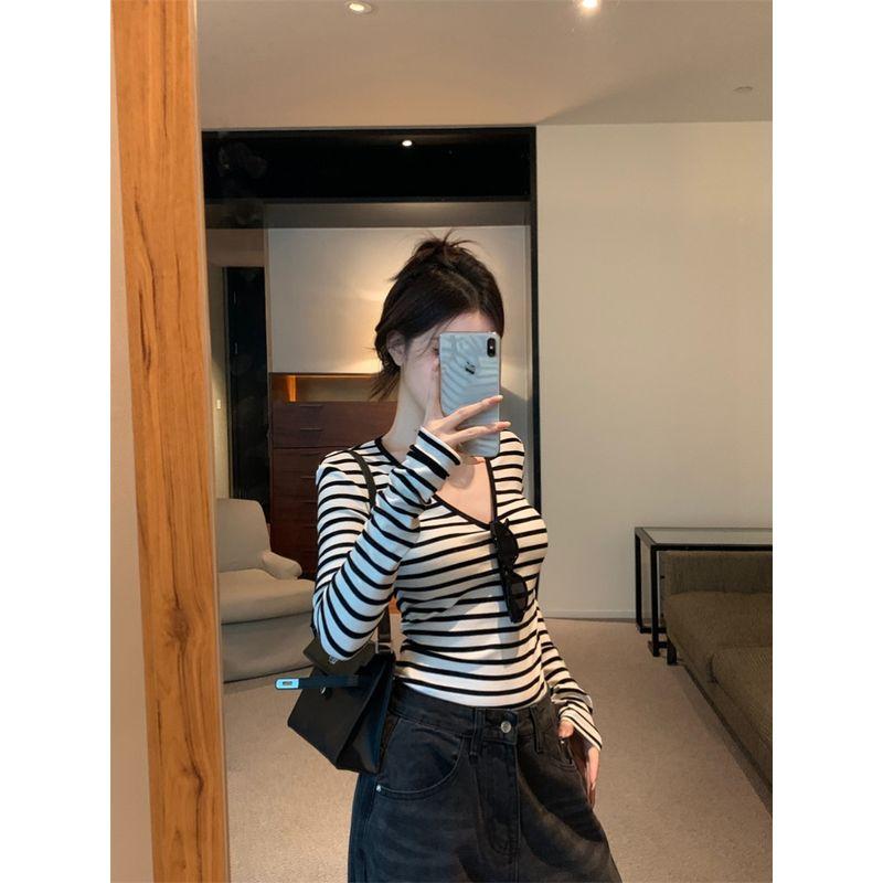 Kumikumi Pure Desire Style Contrast Color Stripe Sexy Temperament Long sleeves Shirt Women Autumn Slim fit Slimming Versatile Top