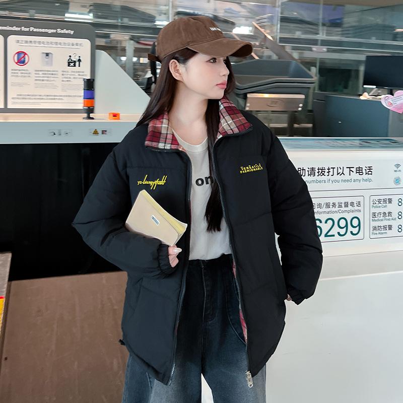 New Winter Stand-up Collar Striped Cotton Jacket Korean Version Loose and Simple Cotton Jacket Women's Jacket