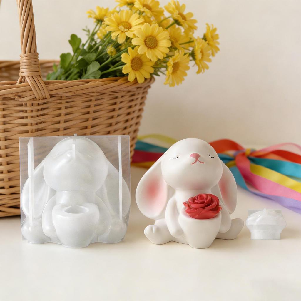 Easter 3D Rabbit Holding Vase Flower Mold 3D Rabbit Reusable Non-Stick Crafts Silicone Resin Mold Bunny Candle Making Molds